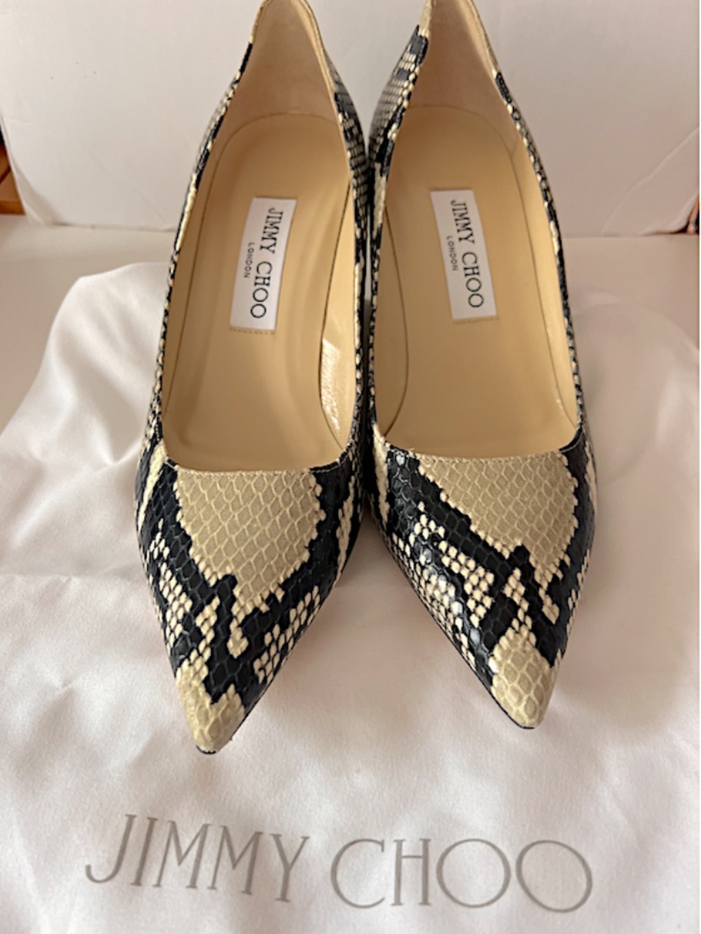 Jimmy Choo Beige/Black Python Embossed Leather Romy Pumps - Picture 3 of 13